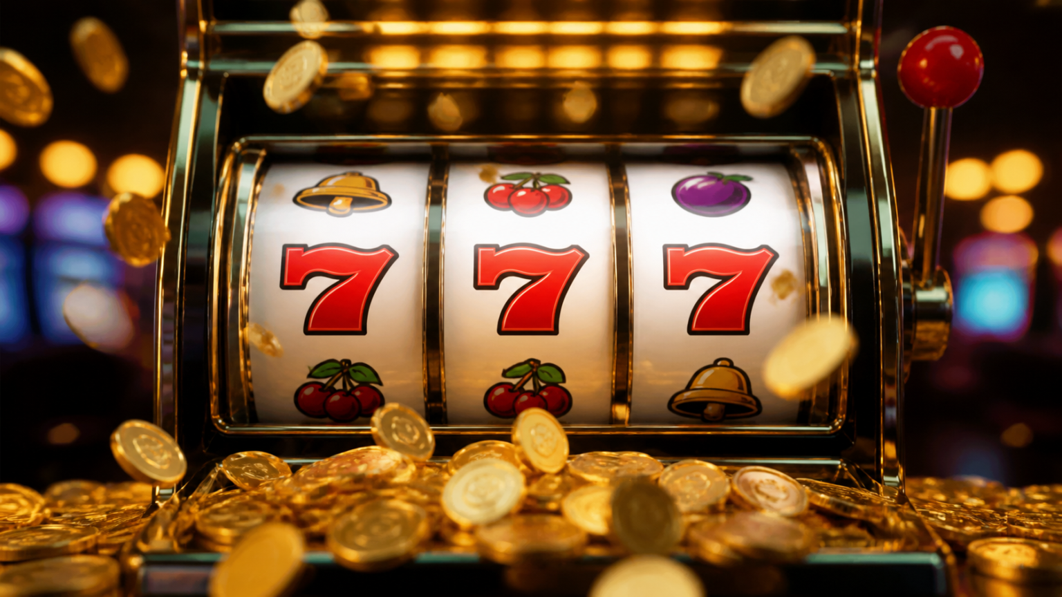 Máy slot casino với biểu tượng jackpot và bánh xe quay