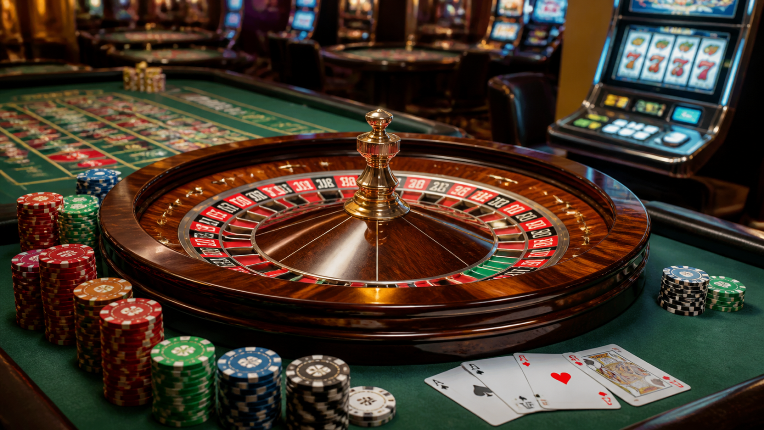 Casino gaming setup with roulette wheel and cards